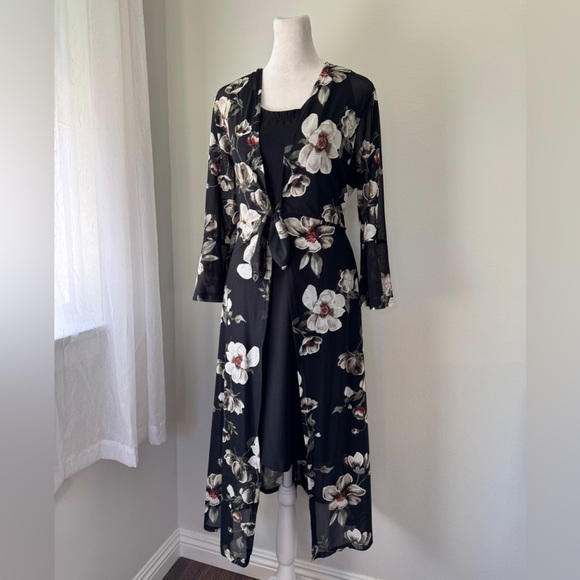 Siren Lily Black Floral Print Tie-Front Layered Long Sleeve Dress - Picture 2 of 8